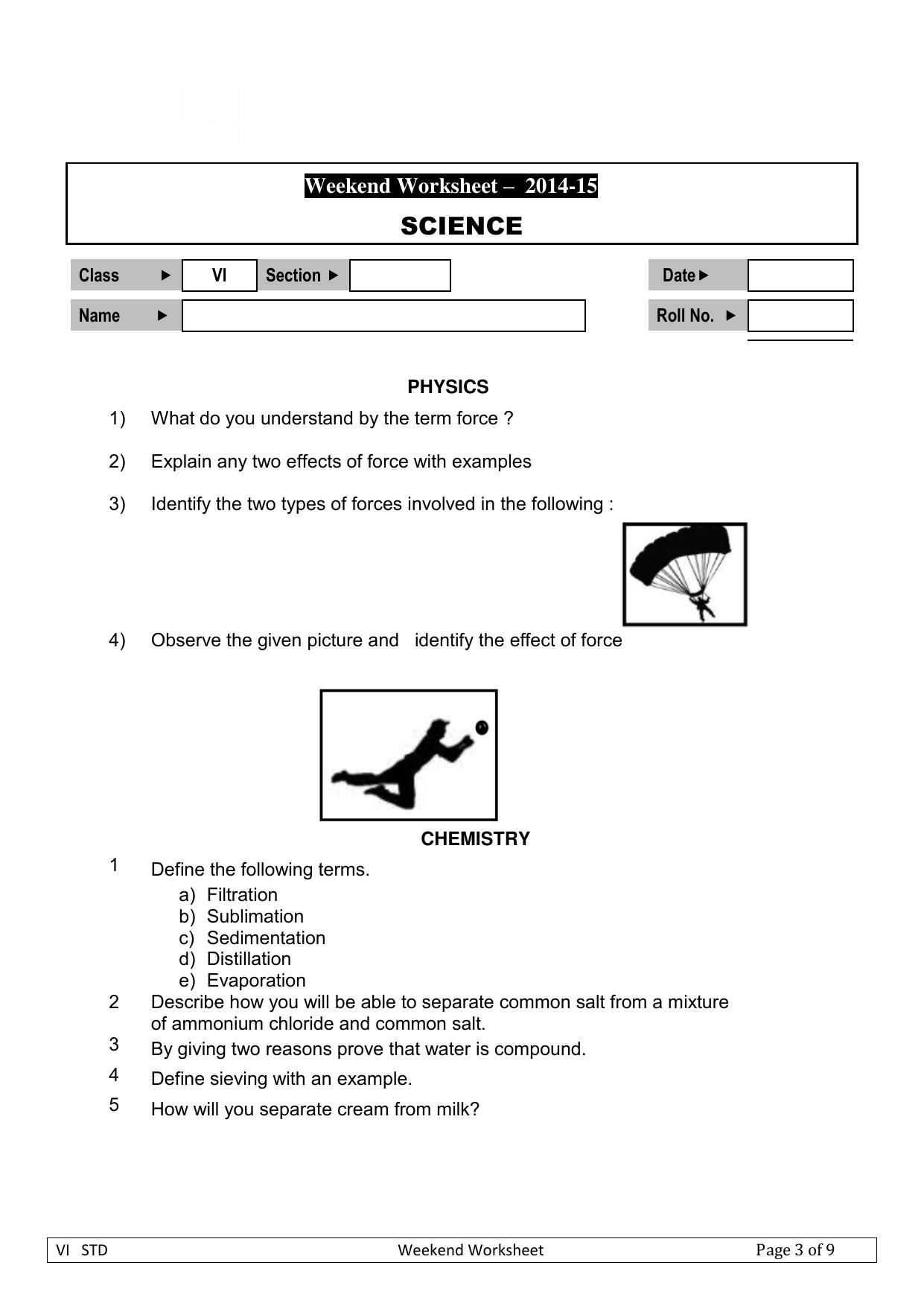 Worksheet for Class 4 Science Physics Assignment - Page 1