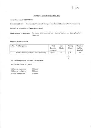 JMI Entrance Exam B24-B.Ed. (Nursery Education) Syllabus