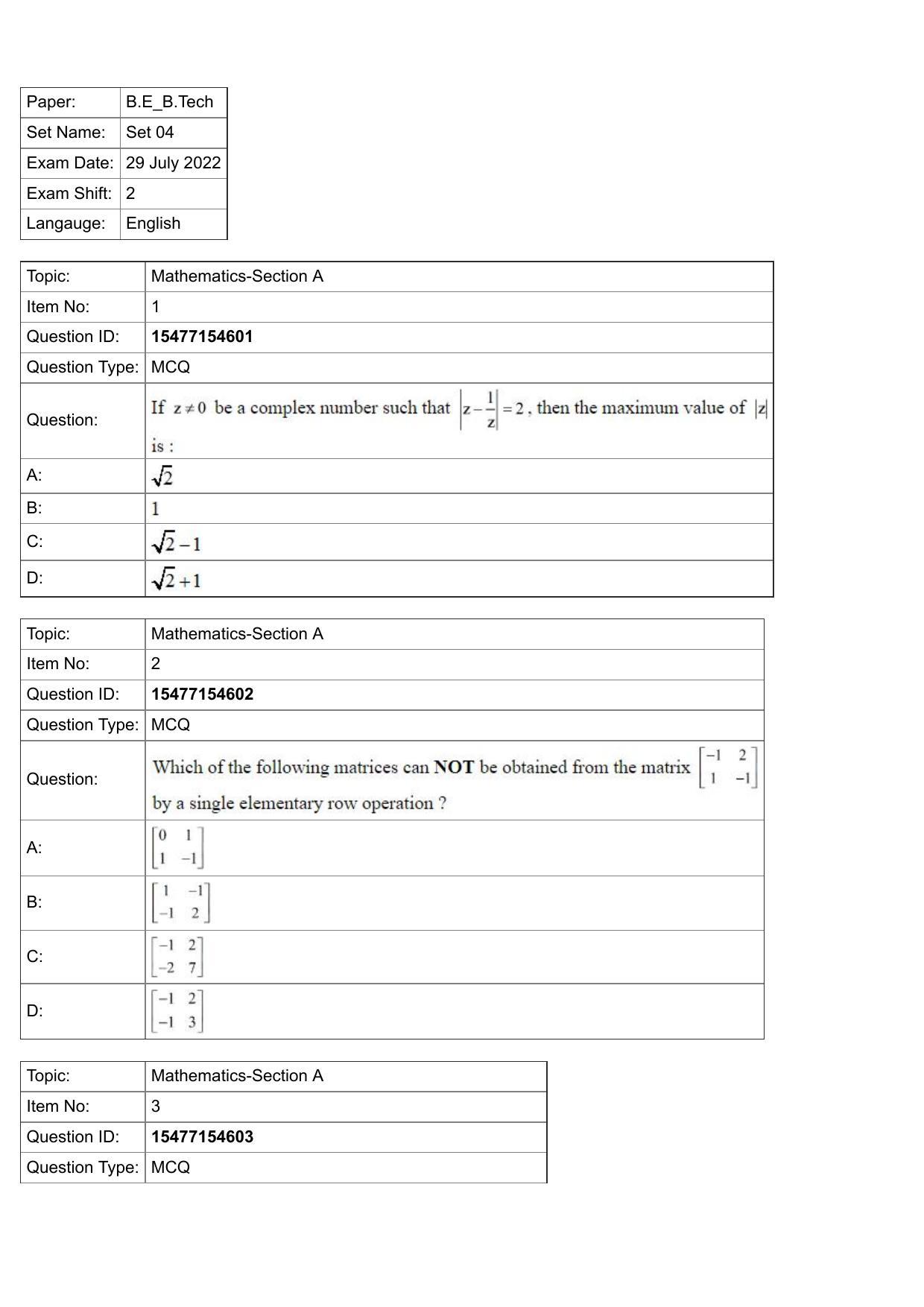 JEE Mains 2022: BTech English (Shift 2) 29-07-2022 Question Paper - Page 1