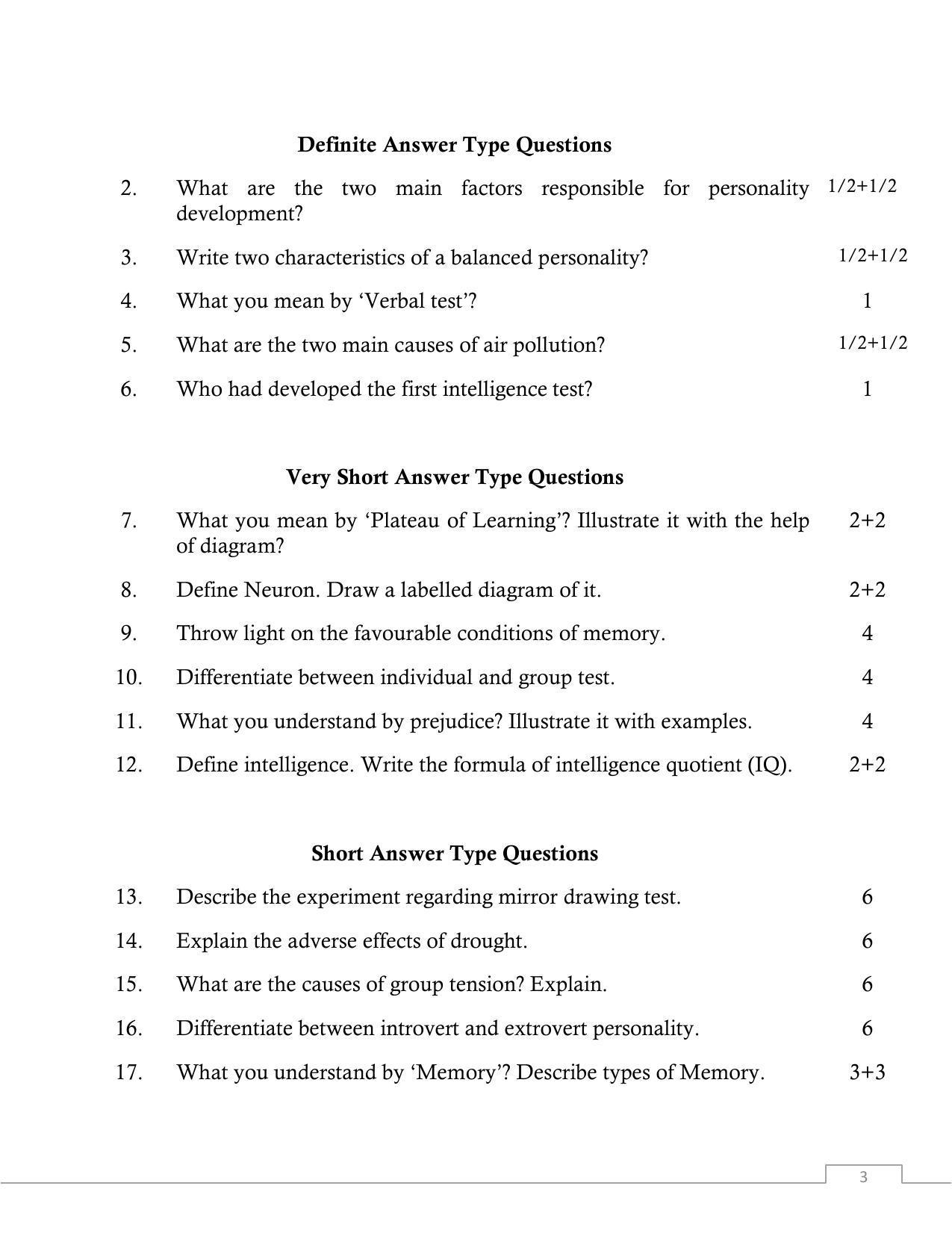 UP Board Class 12 Psychology Model Papers 2023 - Page 3