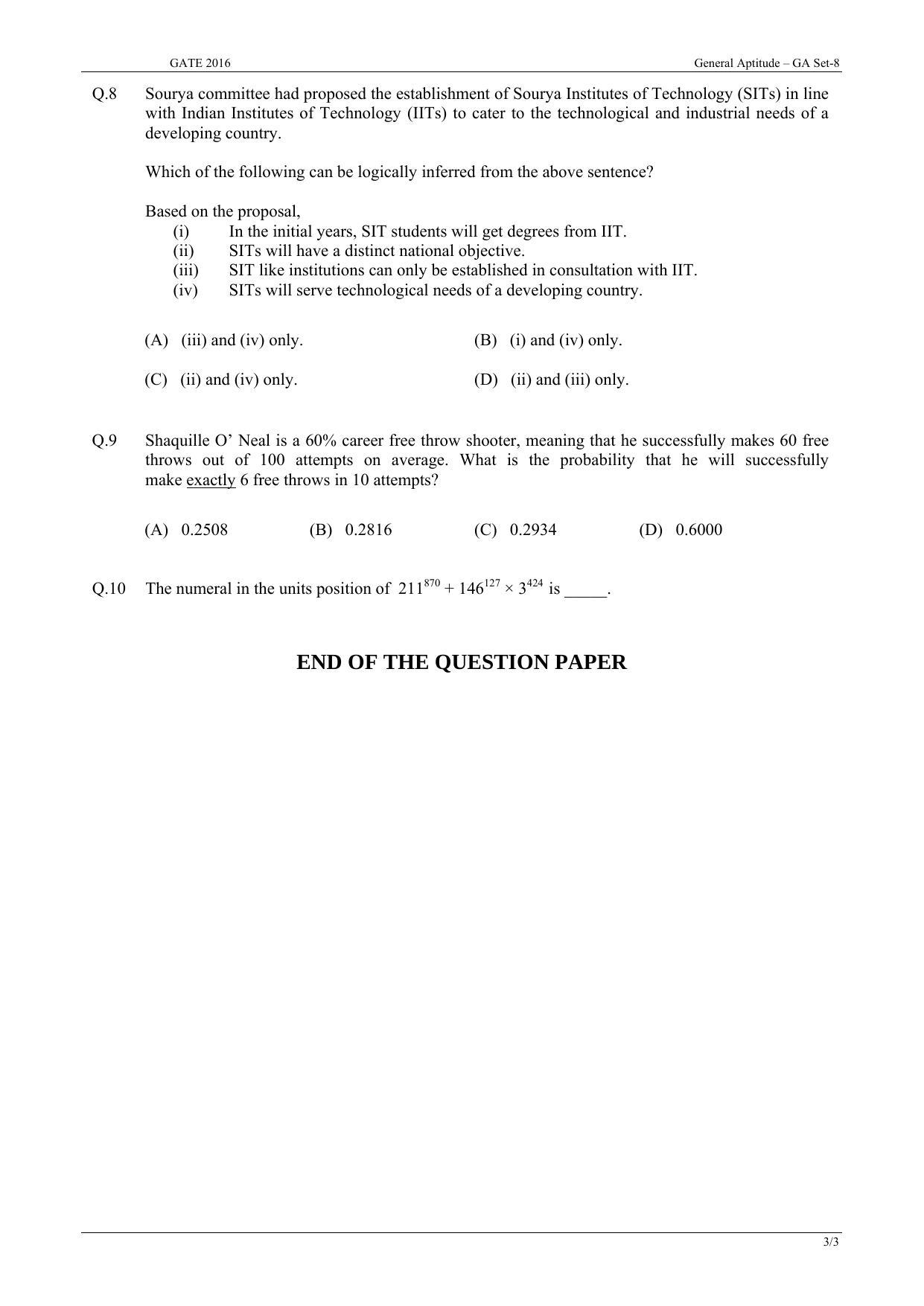 GATE 2016 Engineering Sciences (XE) Question Paper with Answer Key - Page 3