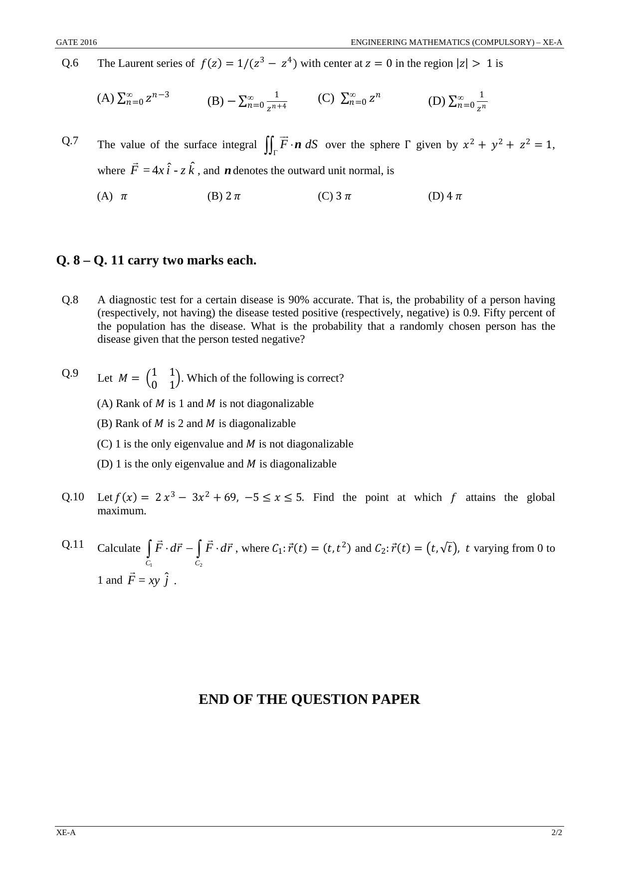 GATE 2016 Engineering Sciences (XE) Question Paper with Answer Key - Page 5