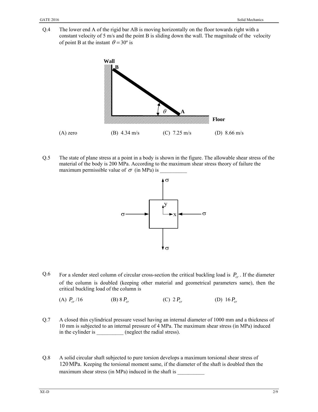 GATE 2016 Engineering Sciences (XE) Question Paper with Answer Key - Page 16