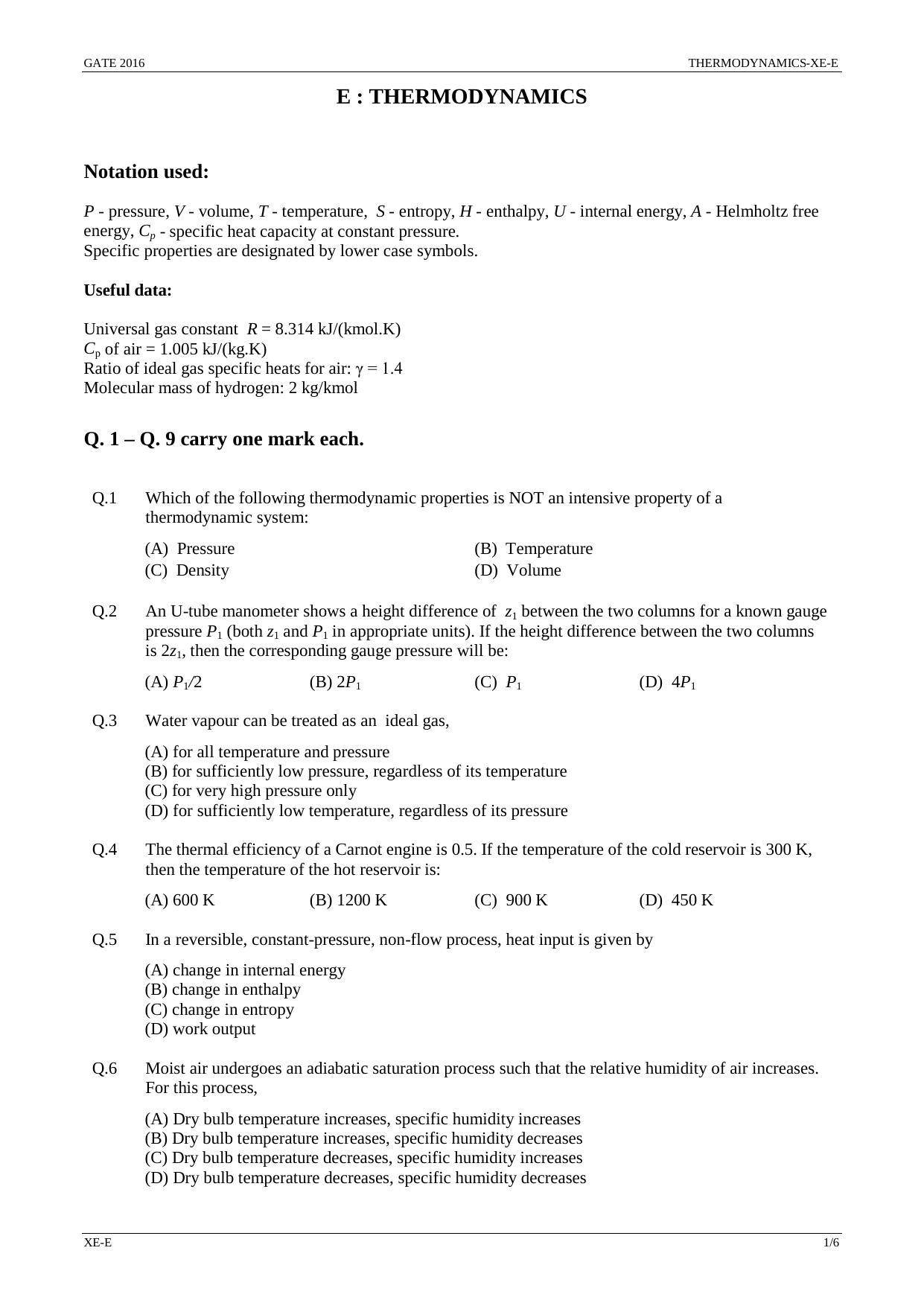 GATE 2016 Engineering Sciences (XE) Question Paper with Answer Key - Page 24