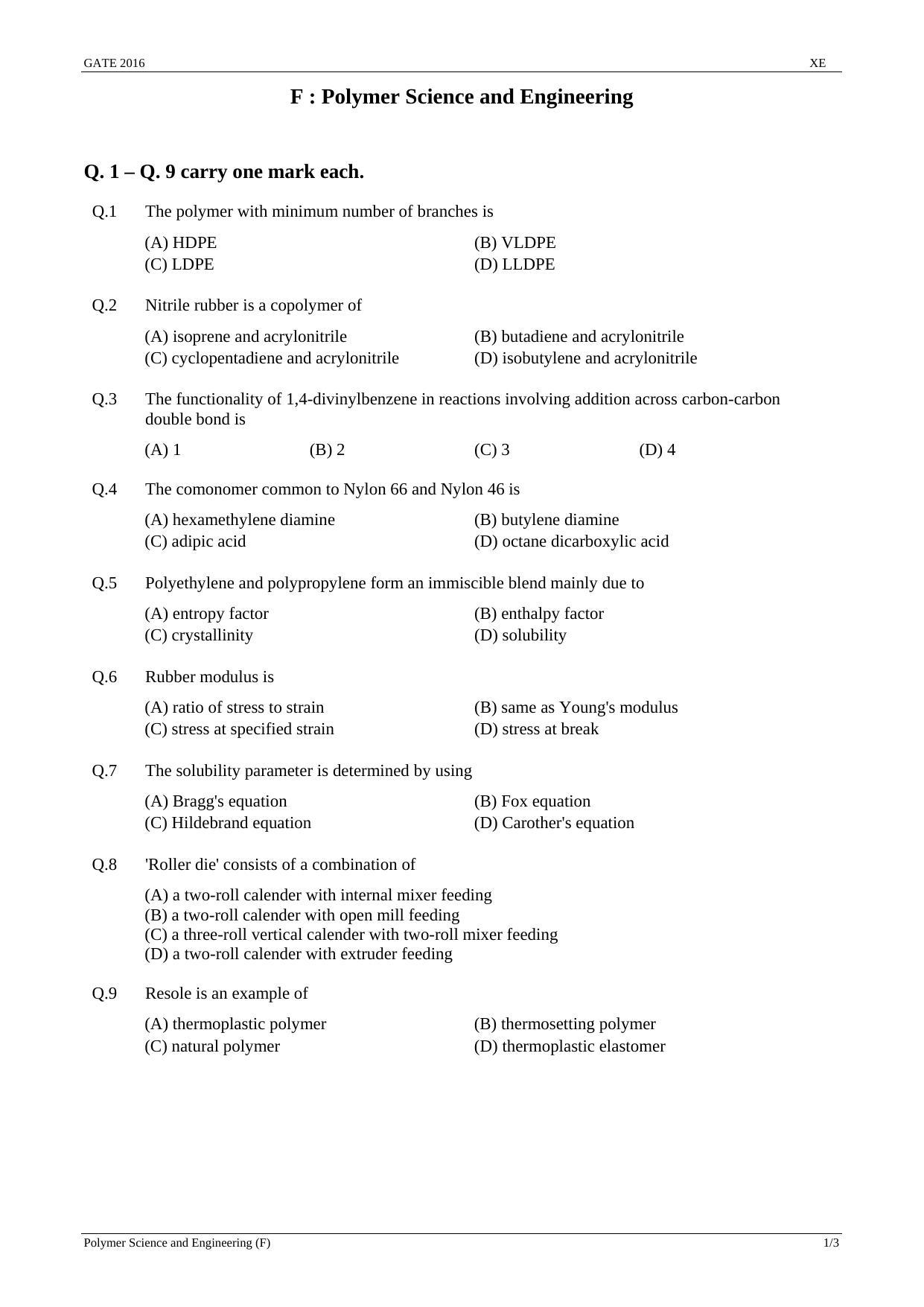 GATE 2016 Engineering Sciences (XE) Question Paper with Answer Key - Page 28