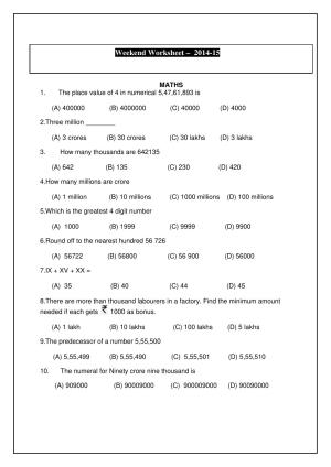Worksheet for Class 5 Maths Thousands Hundreds Assignment