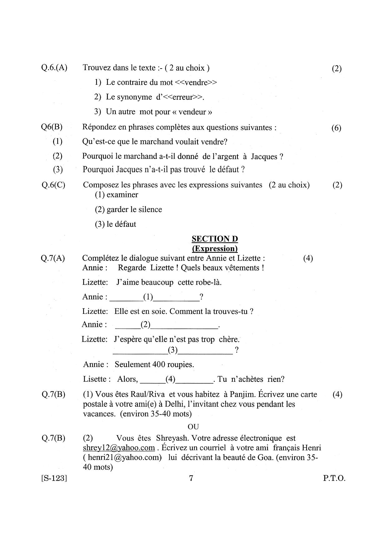 Goa Board Class 10 French  (March 2019) Question Paper - Page 7