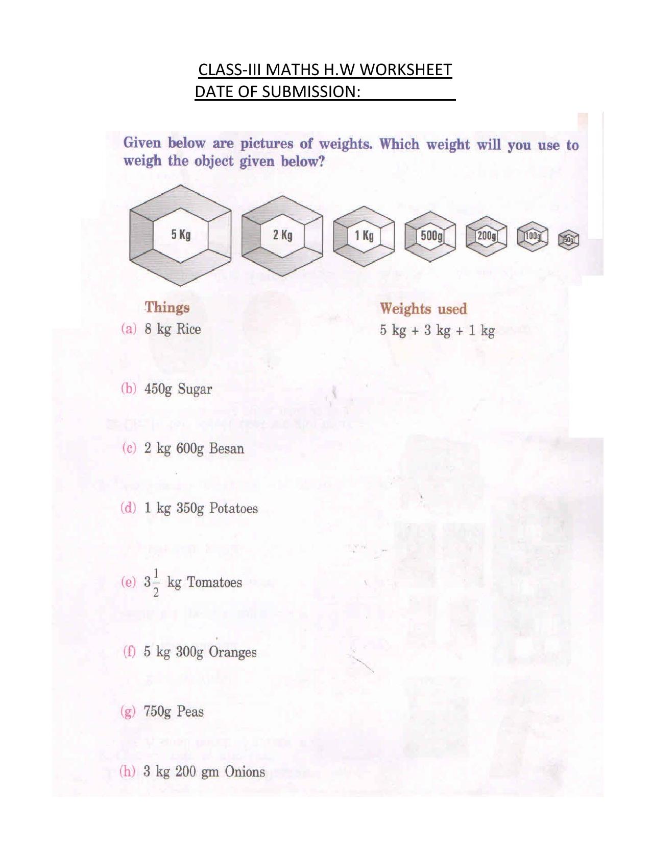 Worksheet for Class 3 Mathematics Weight Assignment - Page 1