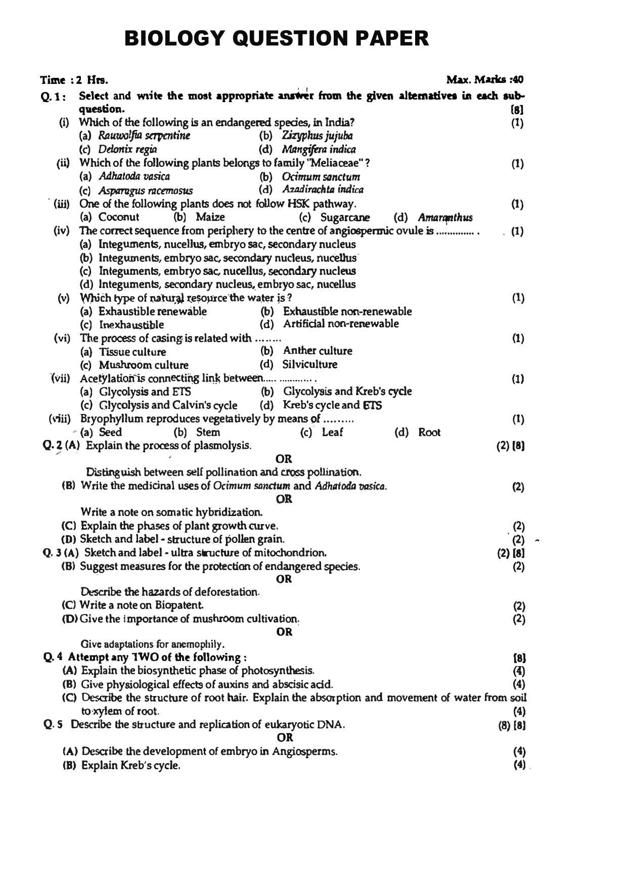 Maharashtra Board HSC Biology 2010 Question Paper  - Page 1
