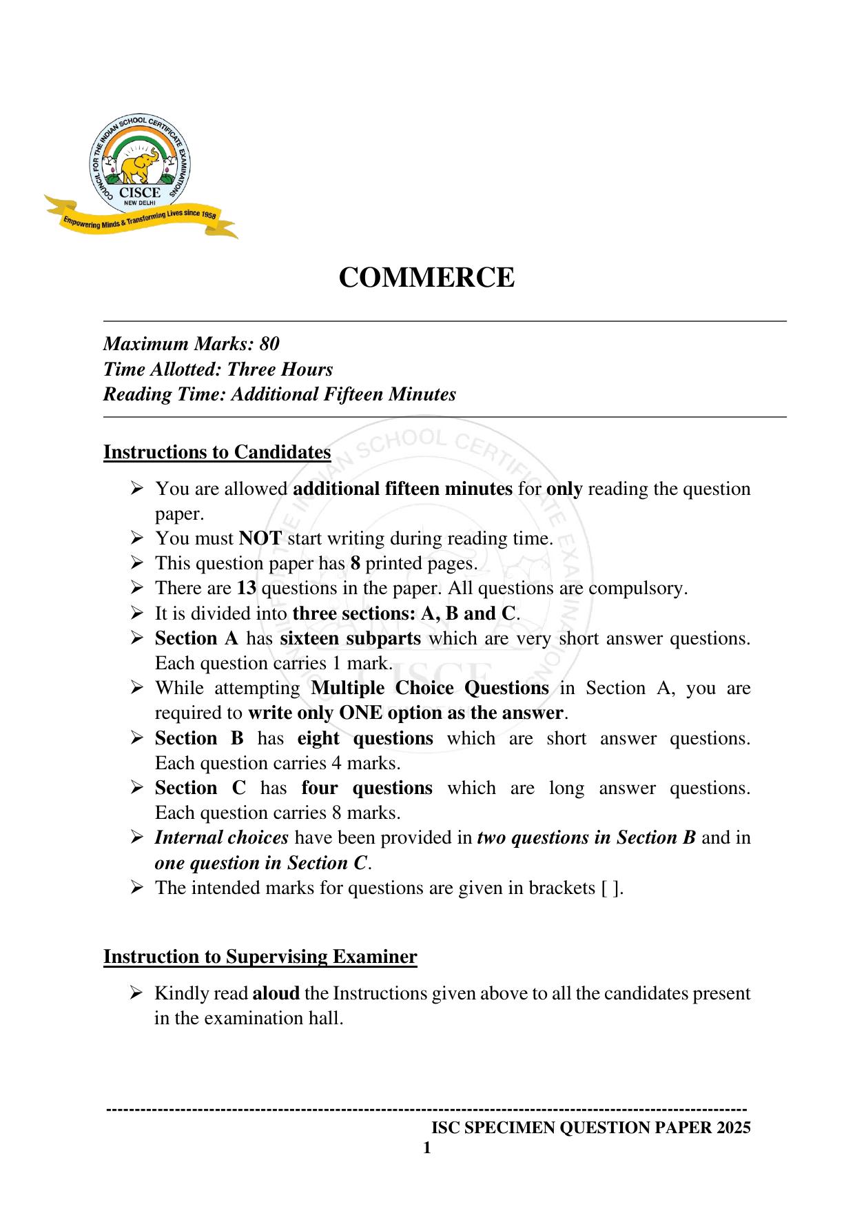ISC Class 12 2025 COMMERCE (SQP & AK) Specimen Paper - Page 1