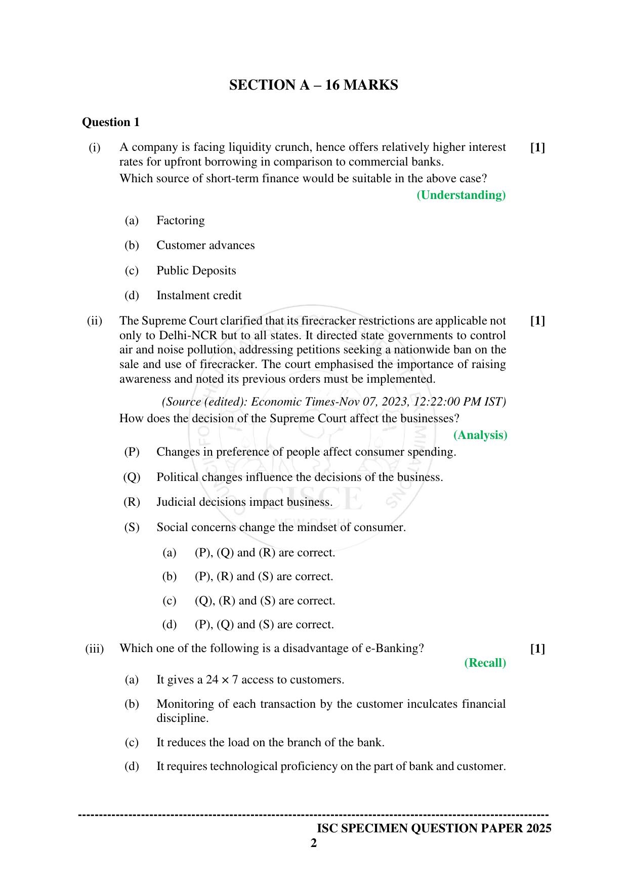 ISC Class 12 2025 COMMERCE (SQP & AK) Specimen Paper - Page 2