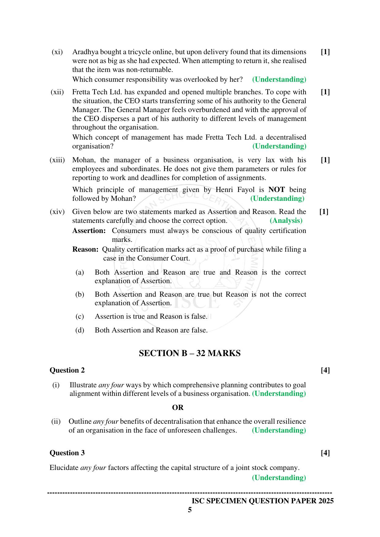 ISC Class 12 2025 COMMERCE (SQP & AK) Specimen Paper - Page 5
