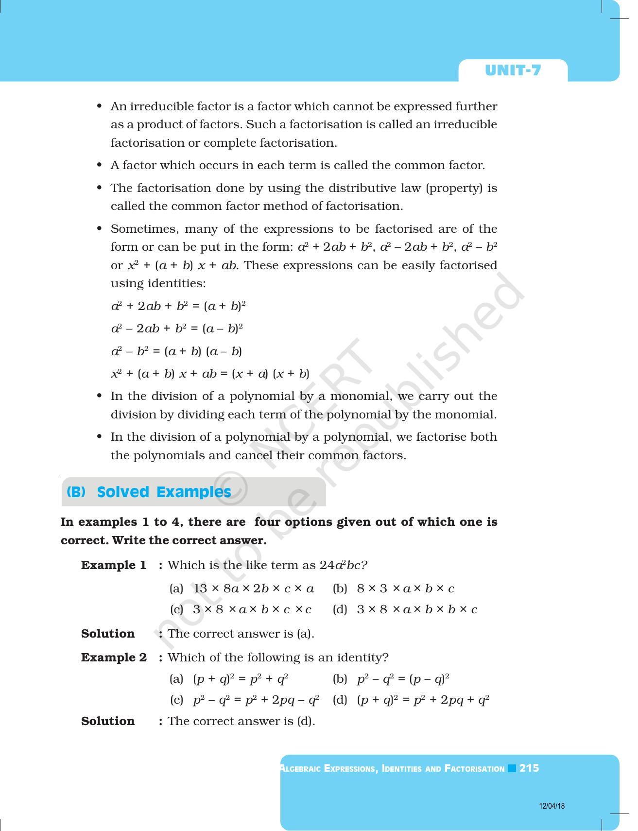 NCERT Exemplar Book for Class 8 Maths: Chapter 7- Algebraic Expressions and Identities & Factorisation - Page 3