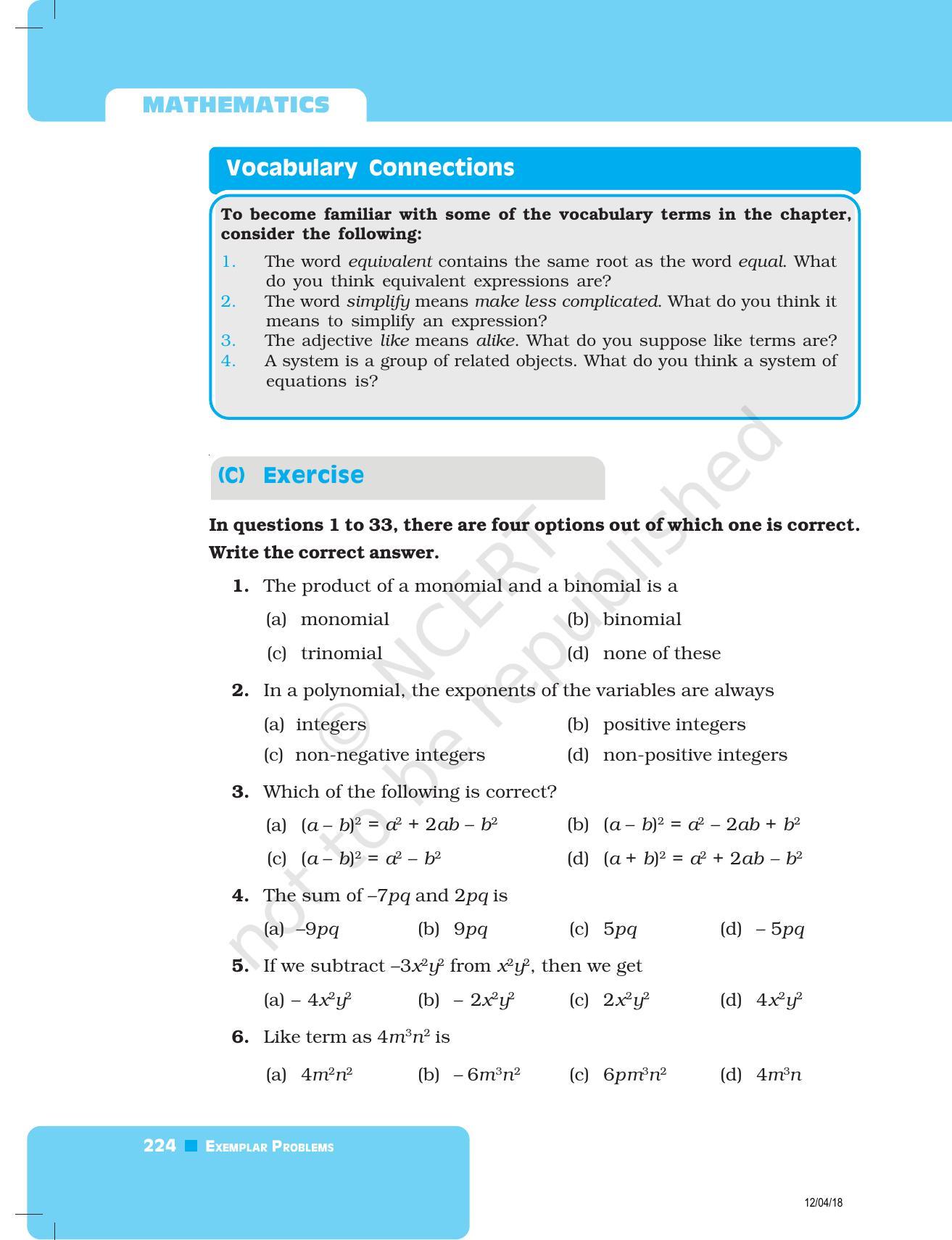 NCERT Exemplar Book for Class 8 Maths: Chapter 7- Algebraic Expressions and Identities & Factorisation - Page 12