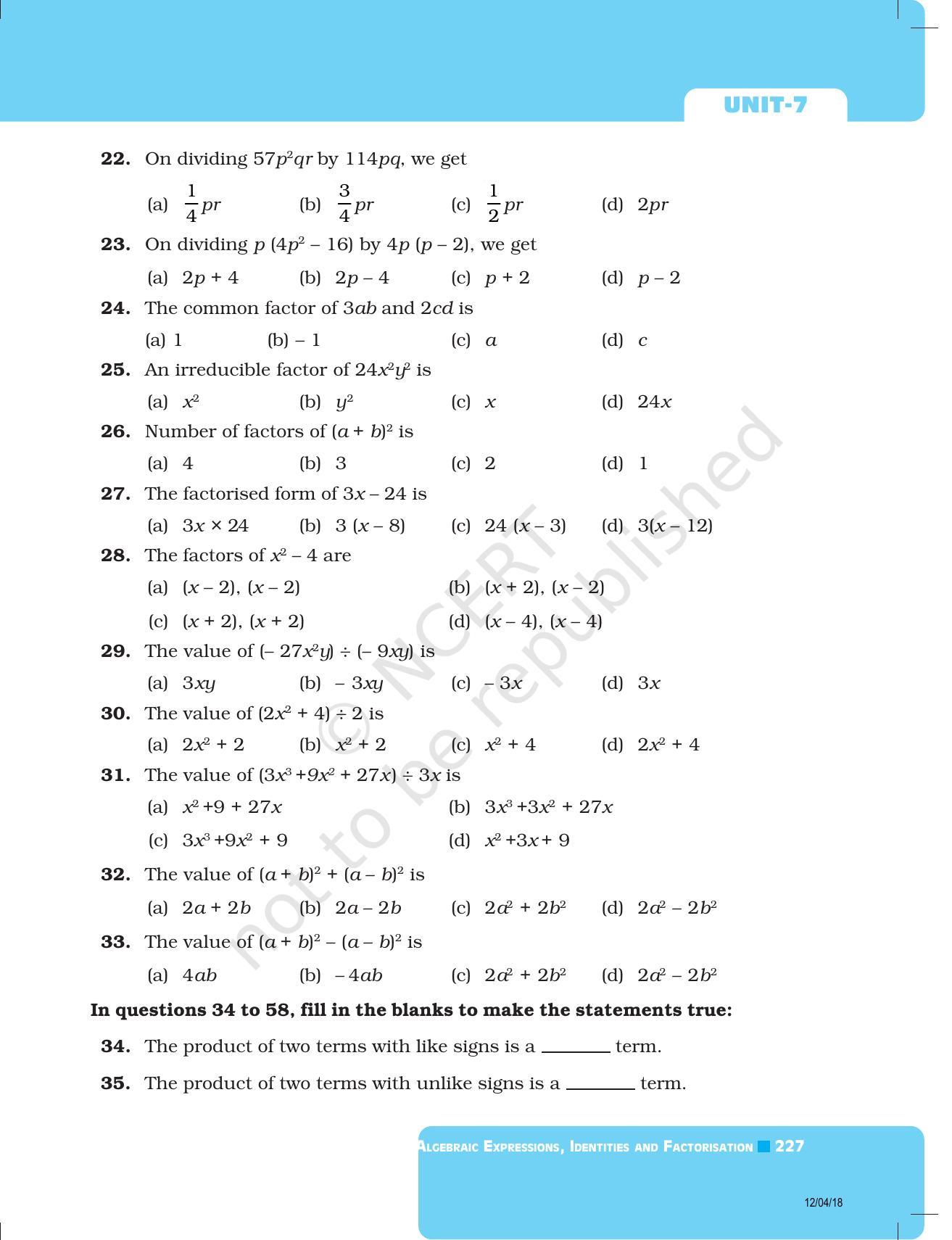 NCERT Exemplar Book for Class 8 Maths: Chapter 7- Algebraic Expressions and Identities & Factorisation - Page 15