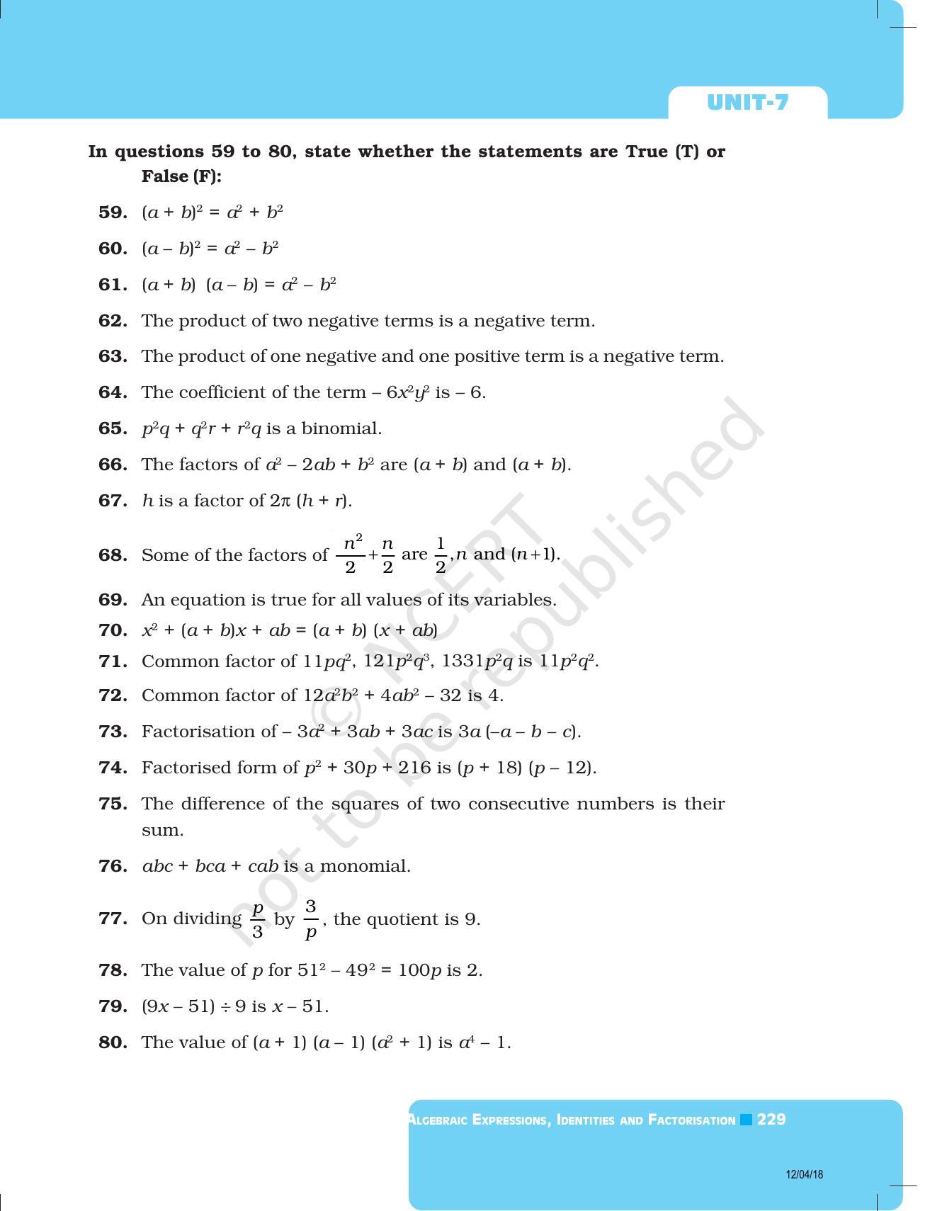 NCERT Exemplar Book for Class 8 Maths: Chapter 7- Algebraic Expressions and Identities & Factorisation - Page 17