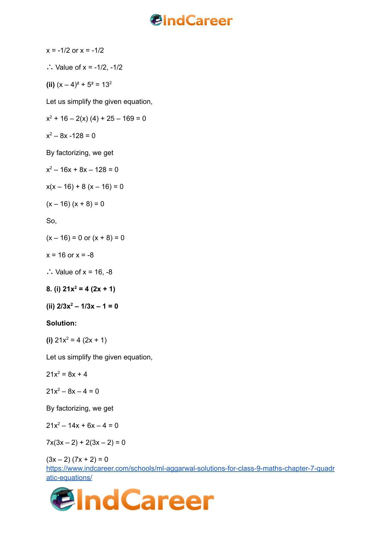 ML Aggarwal Solutions for Class 9 Maths Chapter 7- Quadratic Equations - Page 9