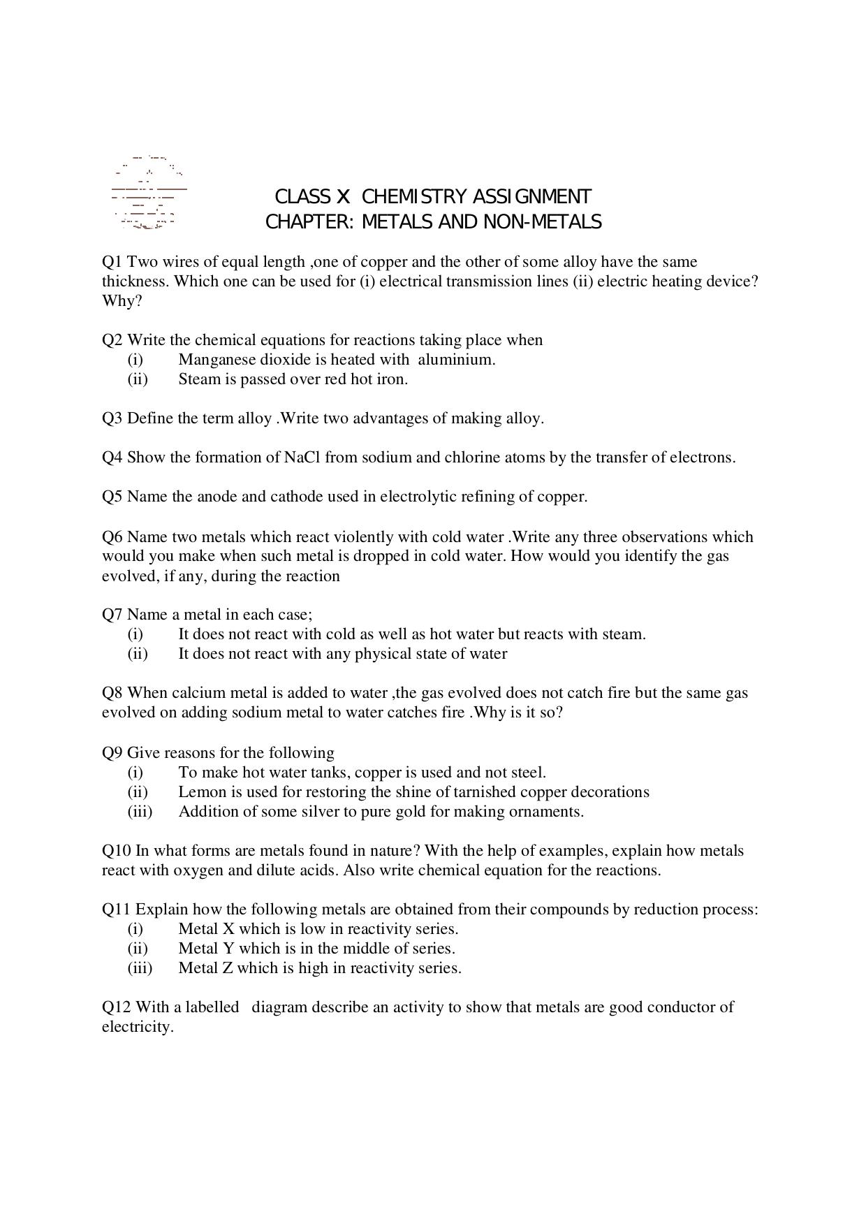 CBSE Worksheets for Class 10 Chemistry Metals And Non-Metals Assignment 1 - Page 1