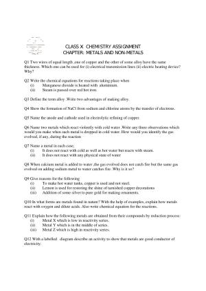CBSE Worksheets for Class 10 Chemistry Metals And Non-Metals Assignment 1