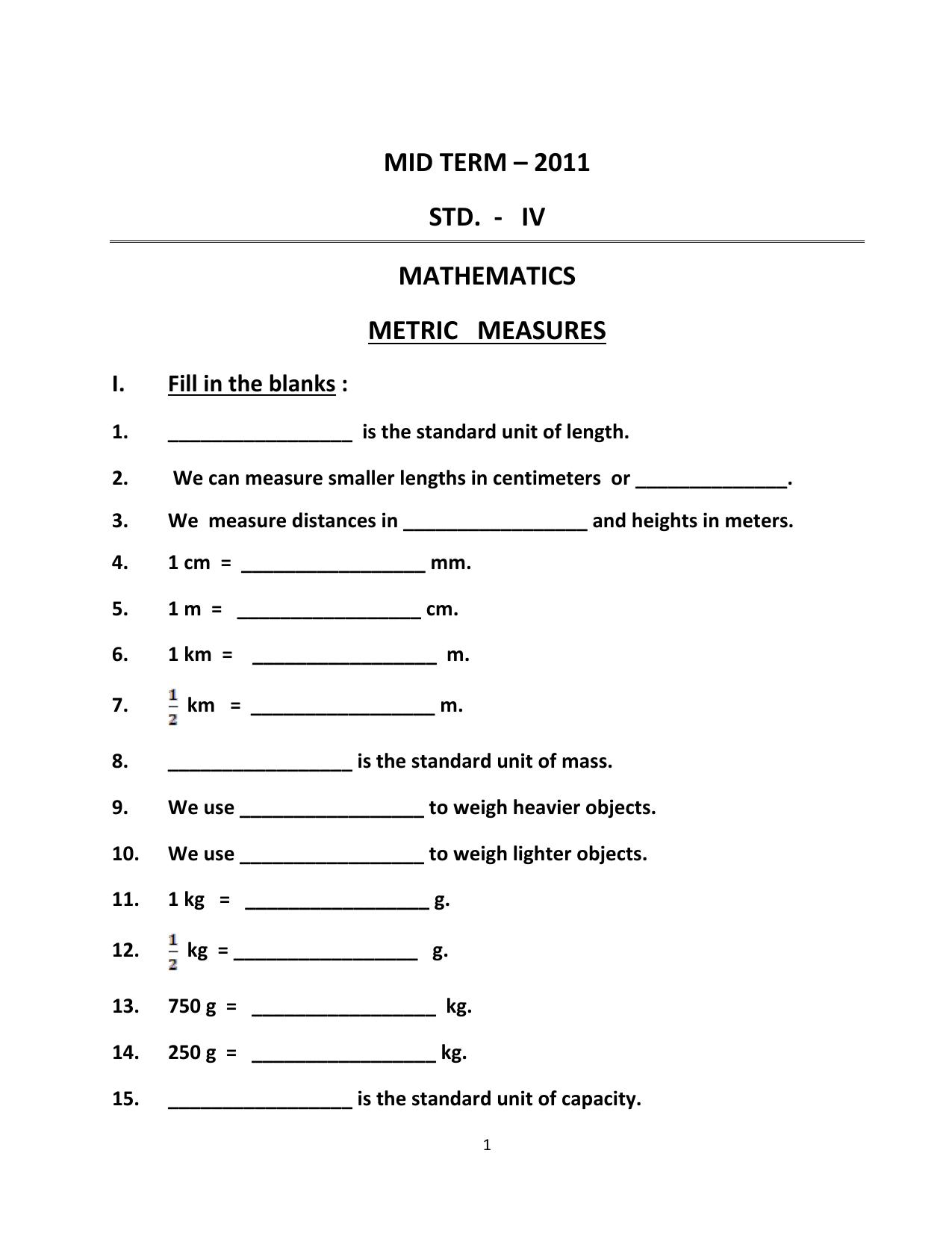 Worksheet for Class 4 Maths Assignment 62 Metric Measures - Page 1
