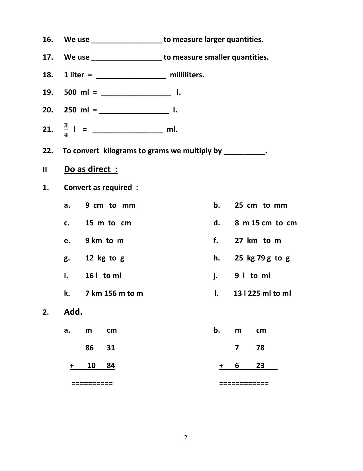 Worksheet for Class 4 Maths Assignment 62 Metric Measures - Page 2