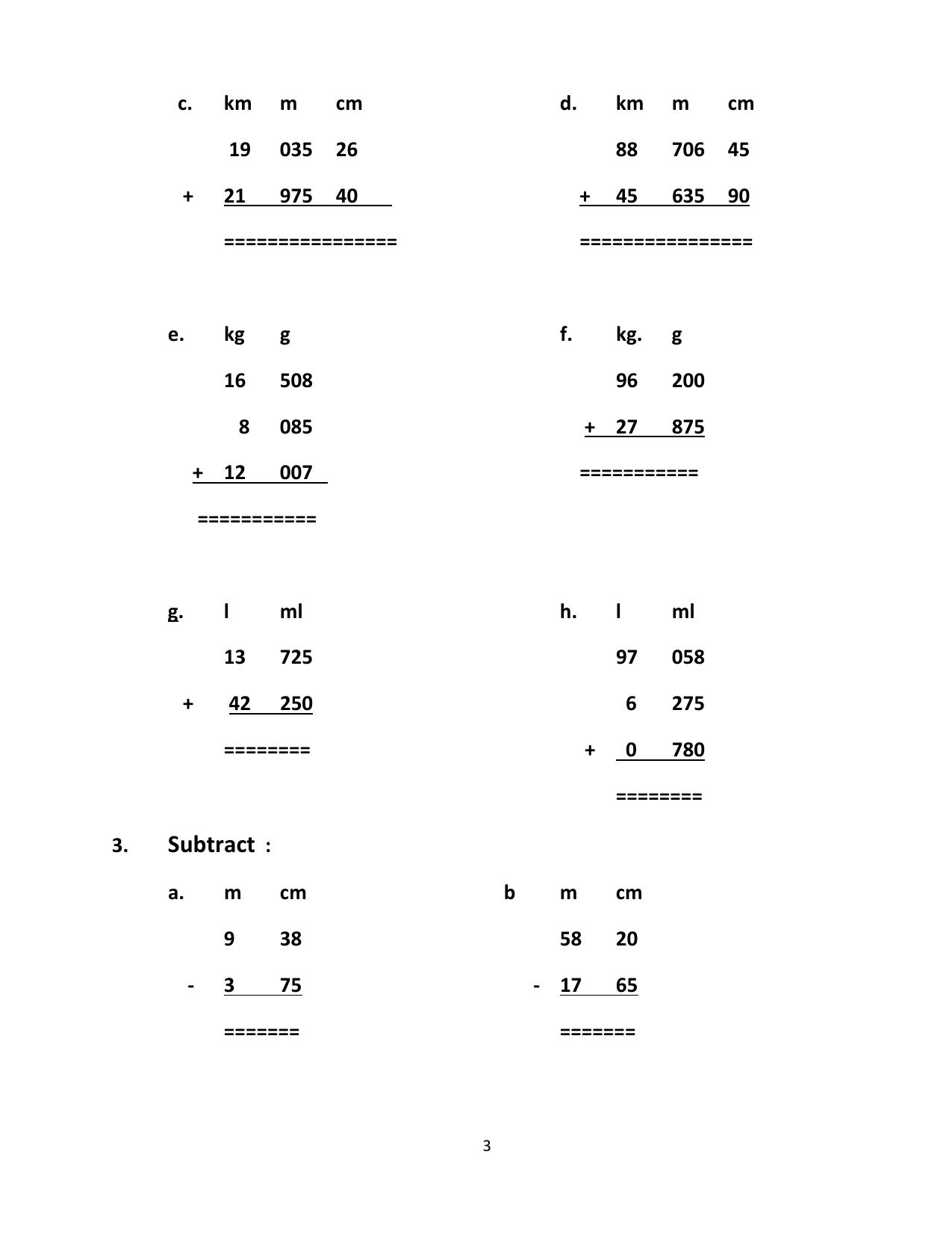 Worksheet for Class 4 Maths Assignment 62 Metric Measures - Page 3
