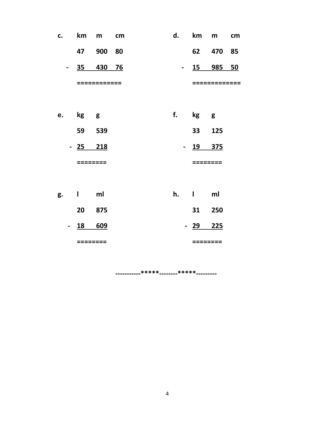 Worksheet for Class 4 Maths Assignment 62 Metric Measures - Page 4
