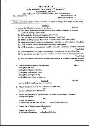 Bilaspur University Question Paper June 2022:M.Sc. Computer Science (Second Semester) Relational Database Management System (RDBMS) Paper 1