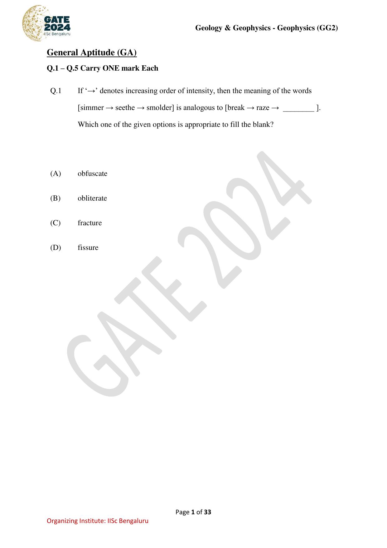 GATE 2024 Geology and Geophysics - Geophysics (GG-2) Question Paper - Page 1