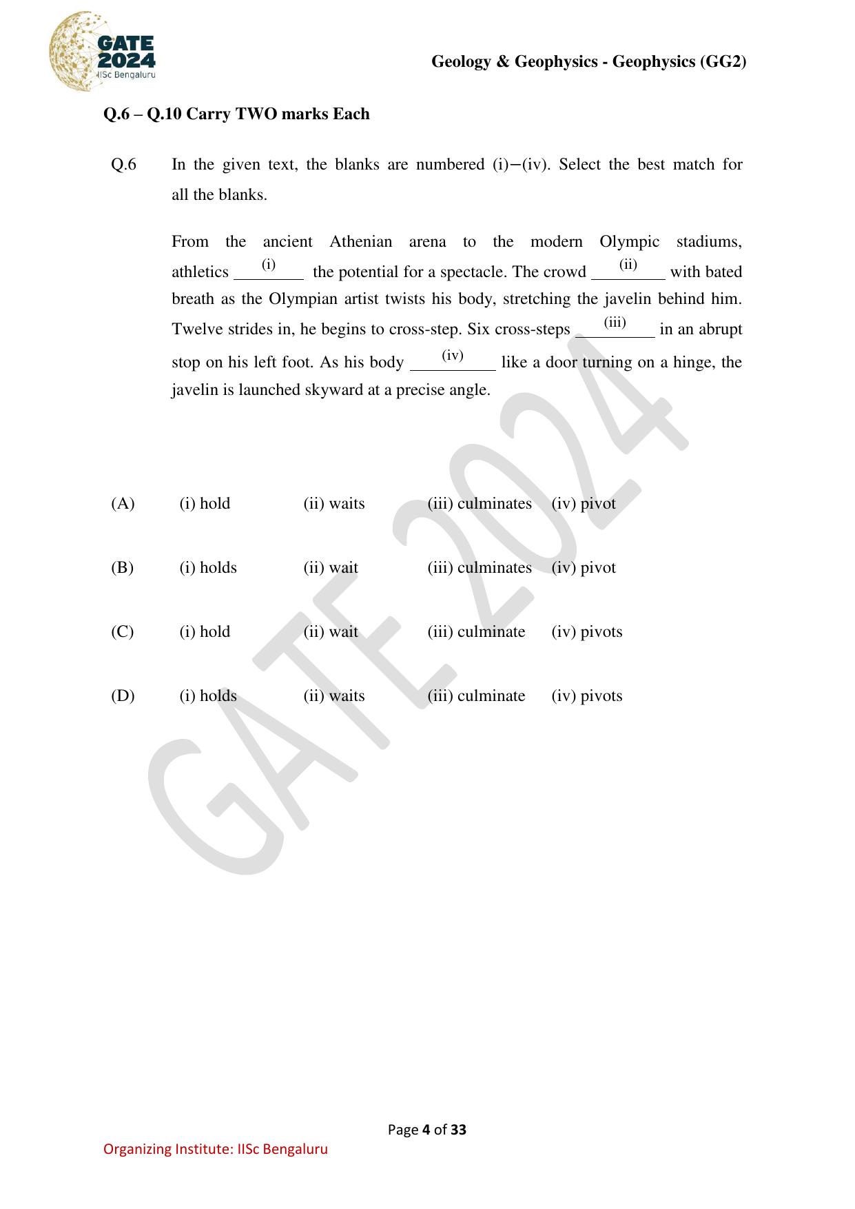 GATE 2024 Geology and Geophysics - Geophysics (GG-2) Question Paper - Page 4