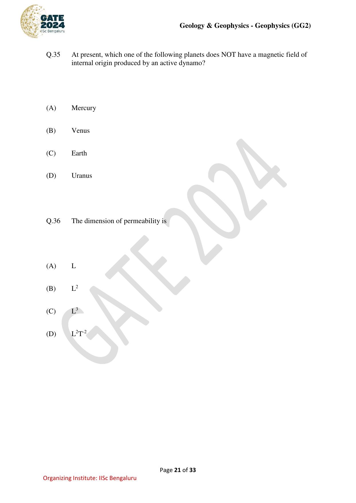 GATE 2024 Geology and Geophysics - Geophysics (GG-2) Question Paper - Page 21