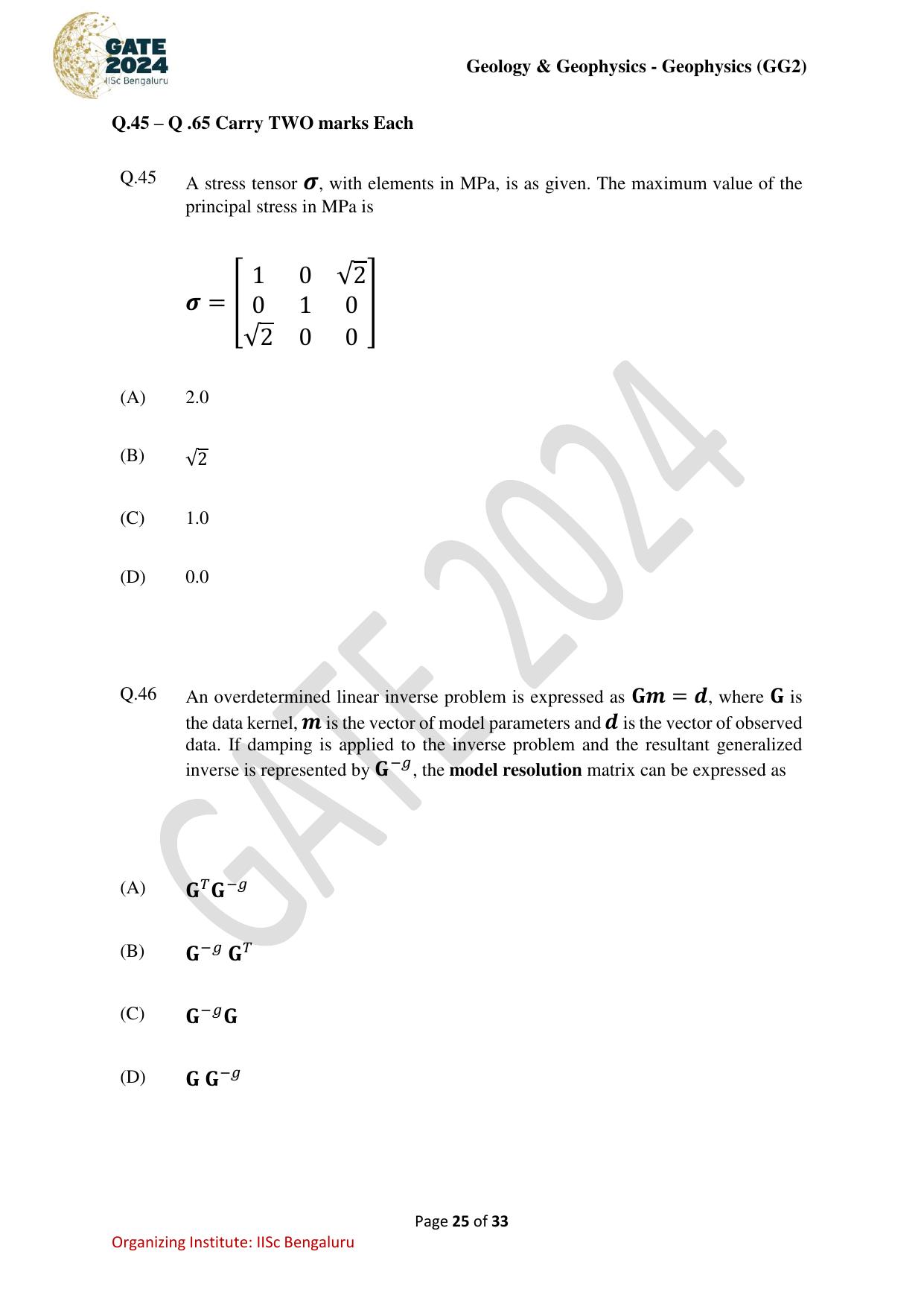 GATE 2024 Geology and Geophysics - Geophysics (GG-2) Question Paper - Page 25