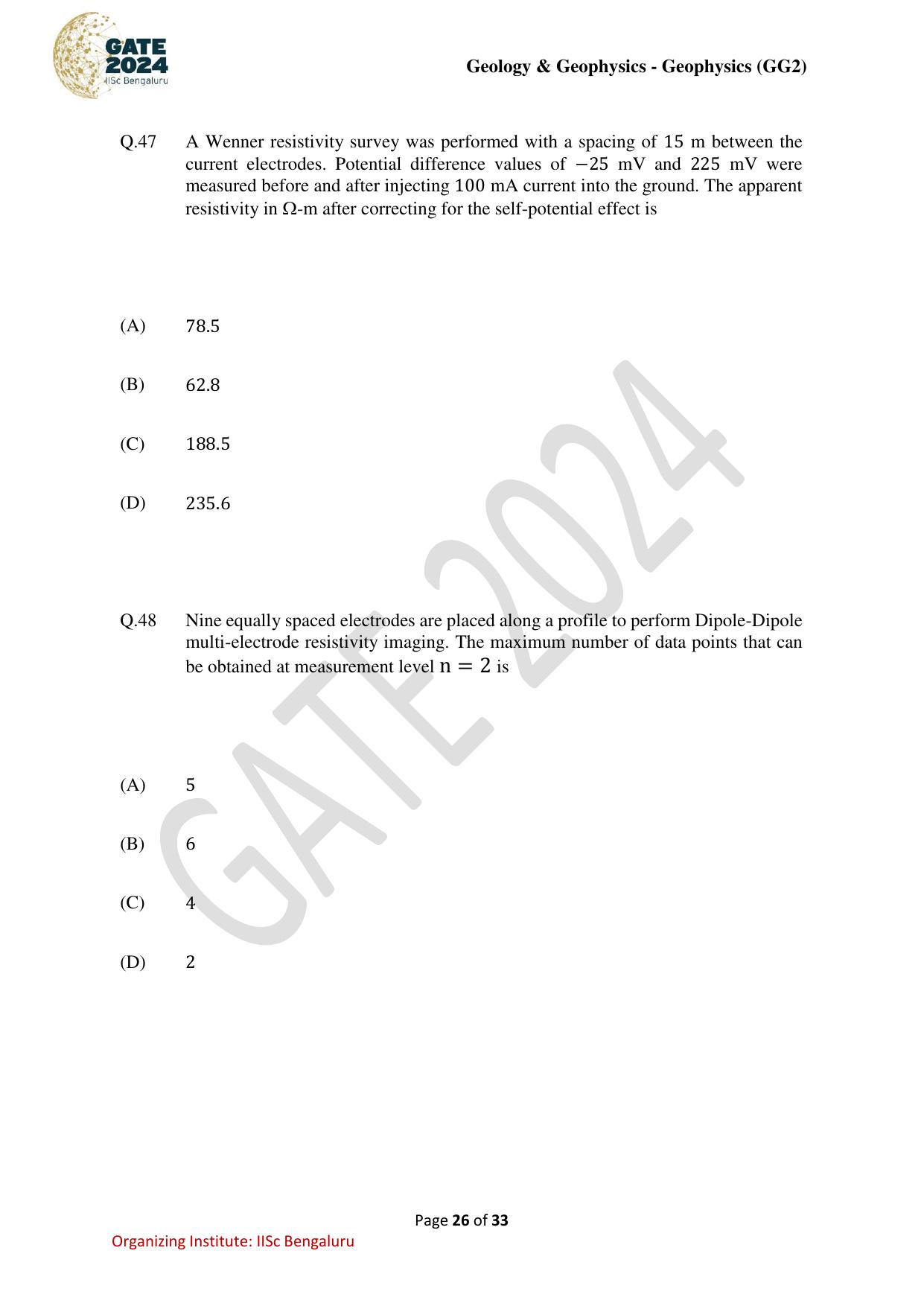 GATE 2024 Geology and Geophysics - Geophysics (GG-2) Question Paper - Page 26