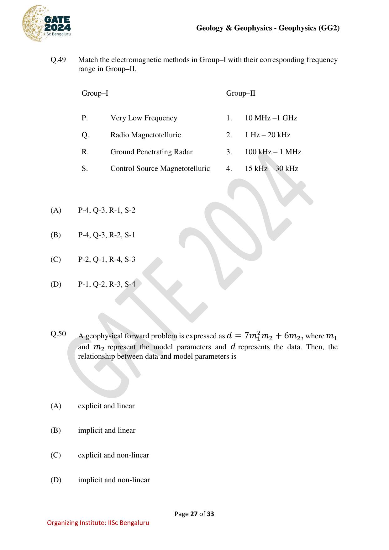 GATE 2024 Geology and Geophysics - Geophysics (GG-2) Question Paper - Page 27