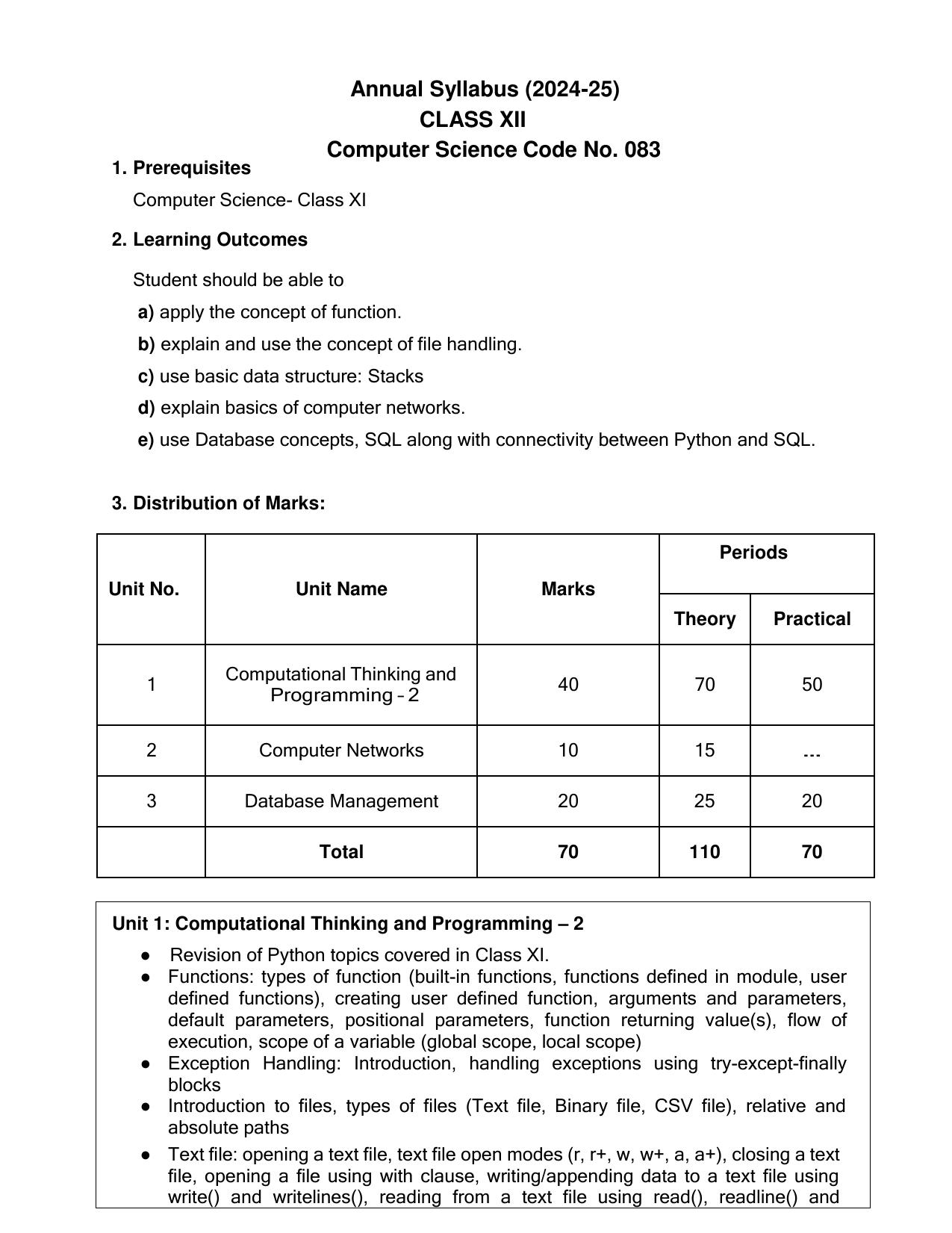 Edudel Class 12 Computer Science (English Medium) Syllabus 2025 - Page 1