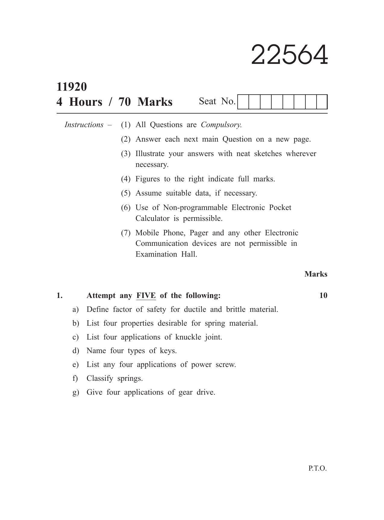 MSBTE Question Paper - 2019 - Elements of Machine Design - Page 1