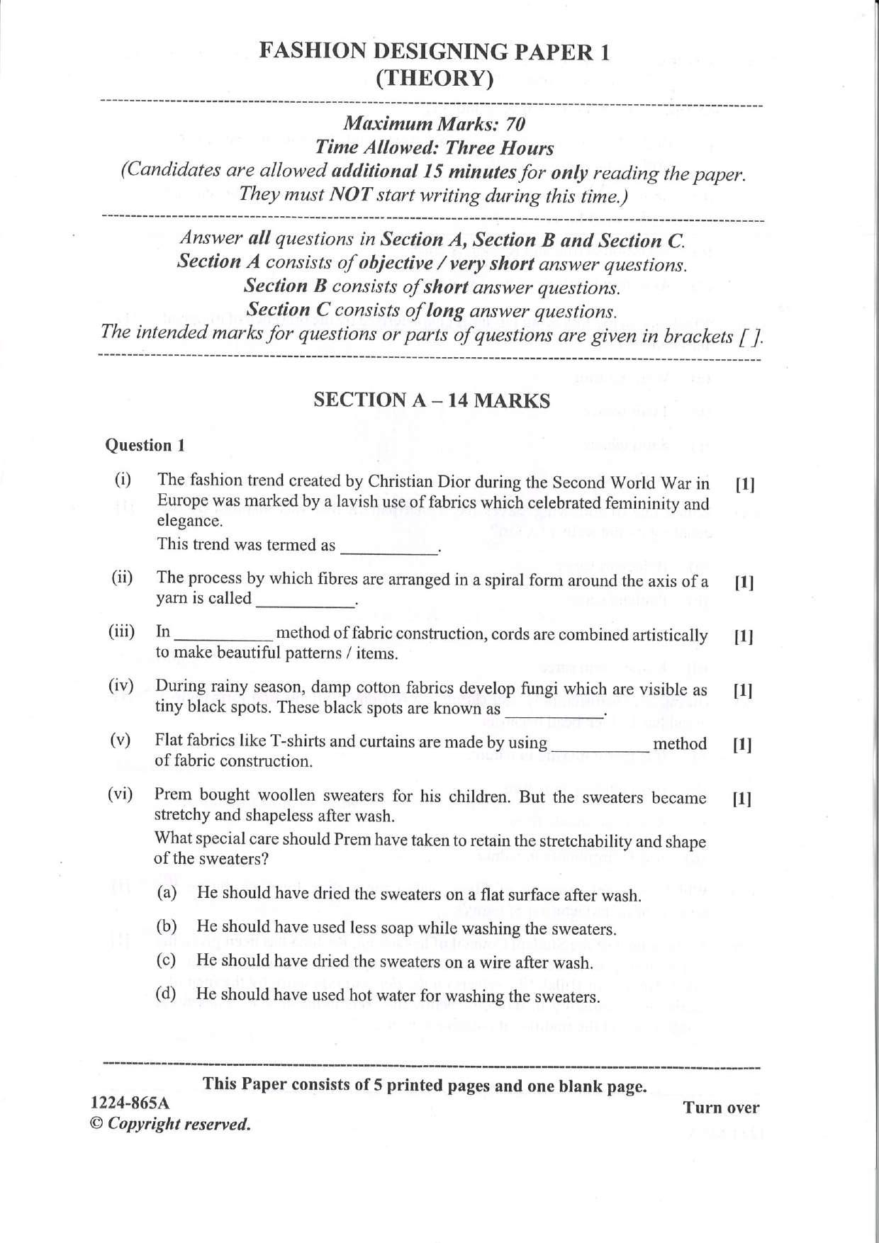 ISC Class 12 Fashion Designing 2024 Question Paper - Page 1