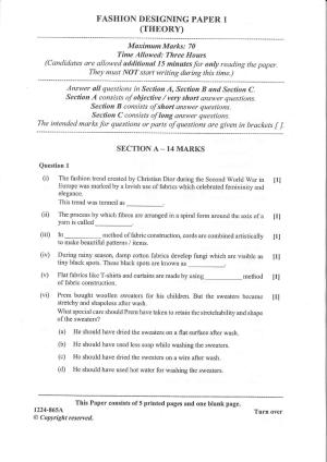 ISC Class 12 Fashion Designing 2024 Question Paper