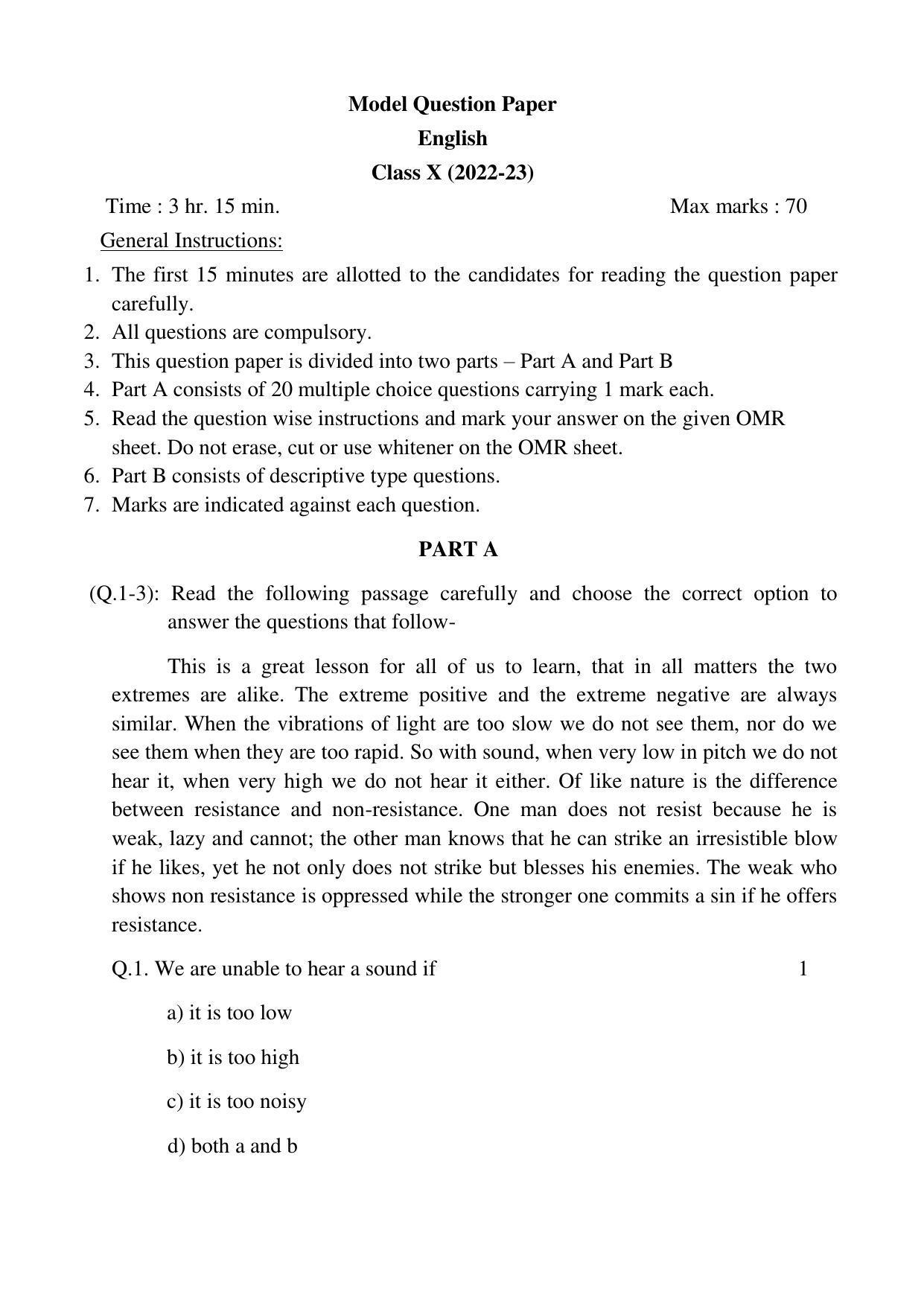 UP Board  Class 10 English Model Papers 2023 - Page 1