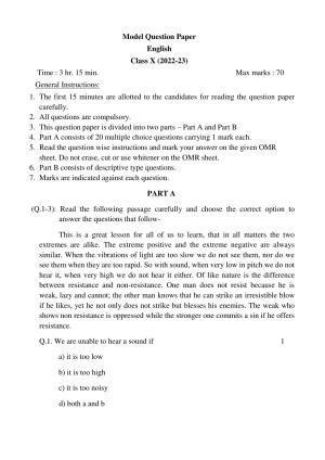 UP Board  Class 10 English Model Papers 2023