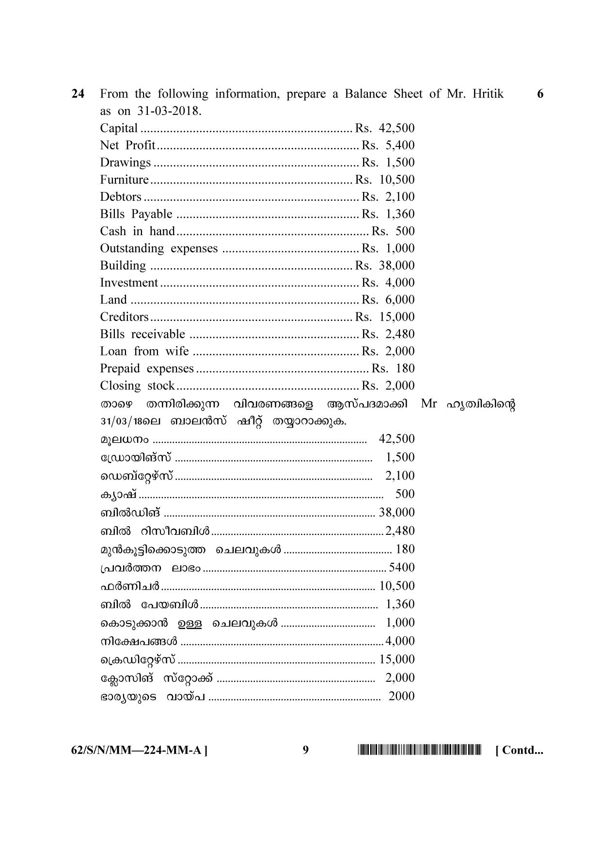 NIOS October 2021 Class 10 Accountancy (Malayalam Medium) Question Paper - Page 9