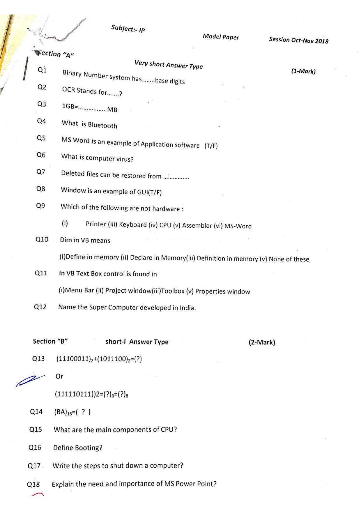JKBOSE Class 11 Information Practices Model Question Paper 2023 - Page 1