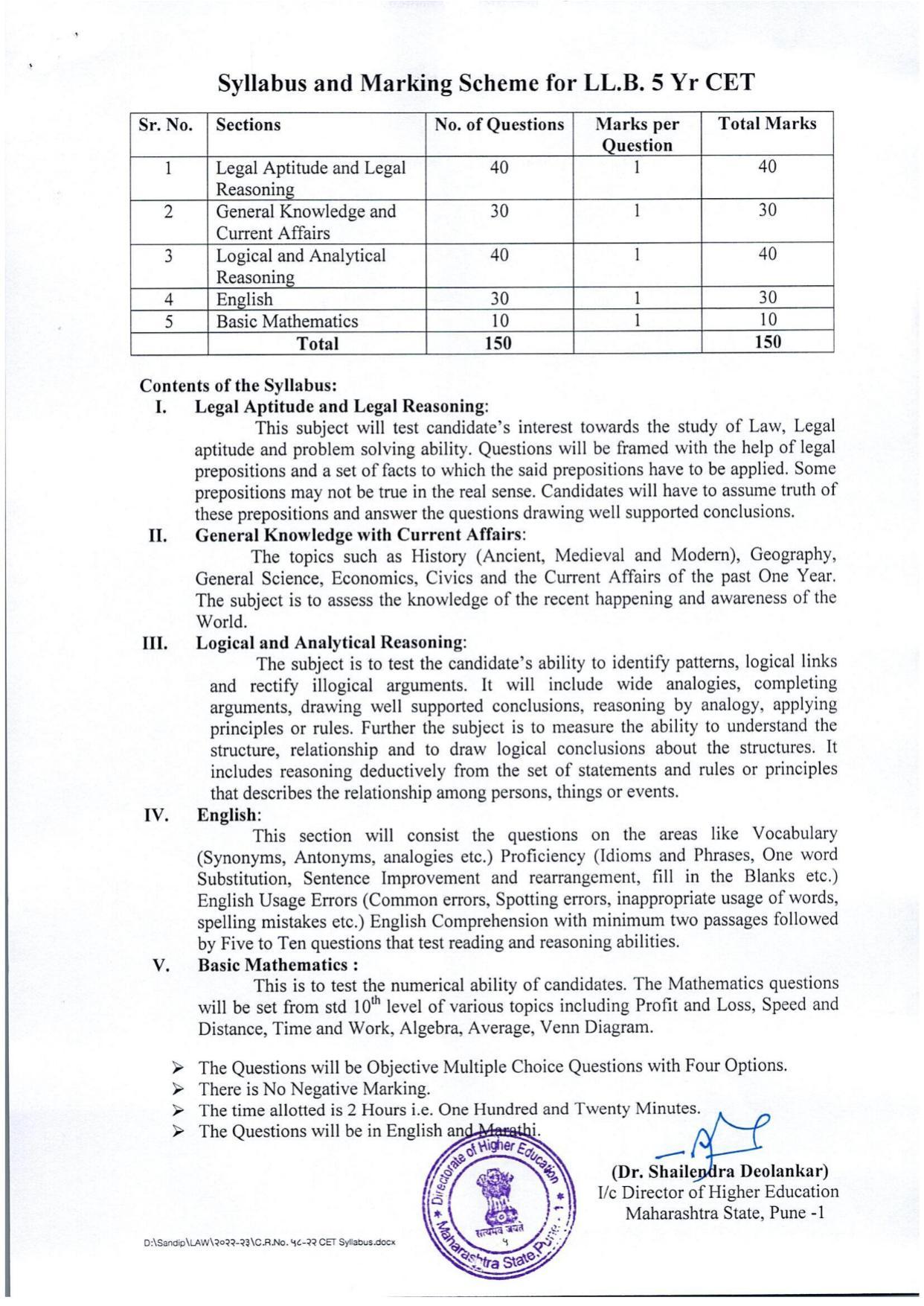 MH CET Law Syllabus (5 Year) - Page 1