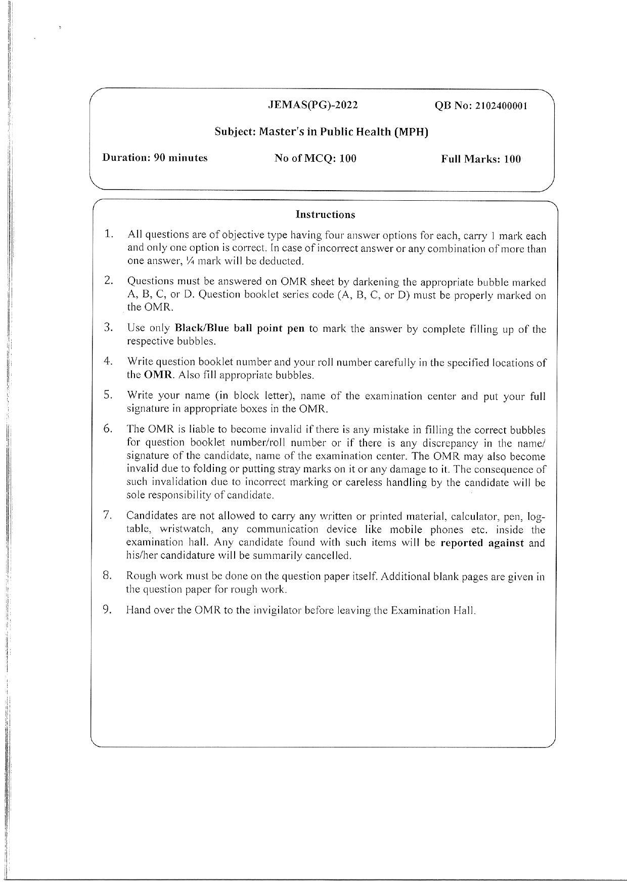 WBJEEB JEMAS (PG) 2022 MPH Question Paper - Page 1
