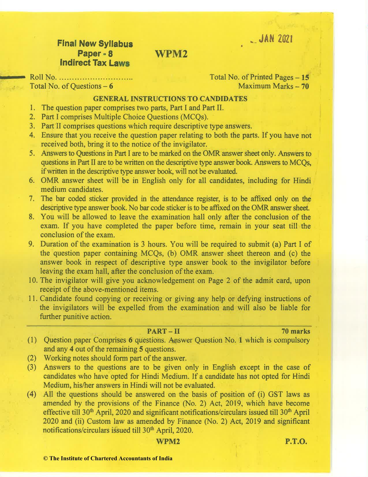 CA Final Jan 2021 Question Paper - Paper 8 – Indirect Tax Laws - Page 1