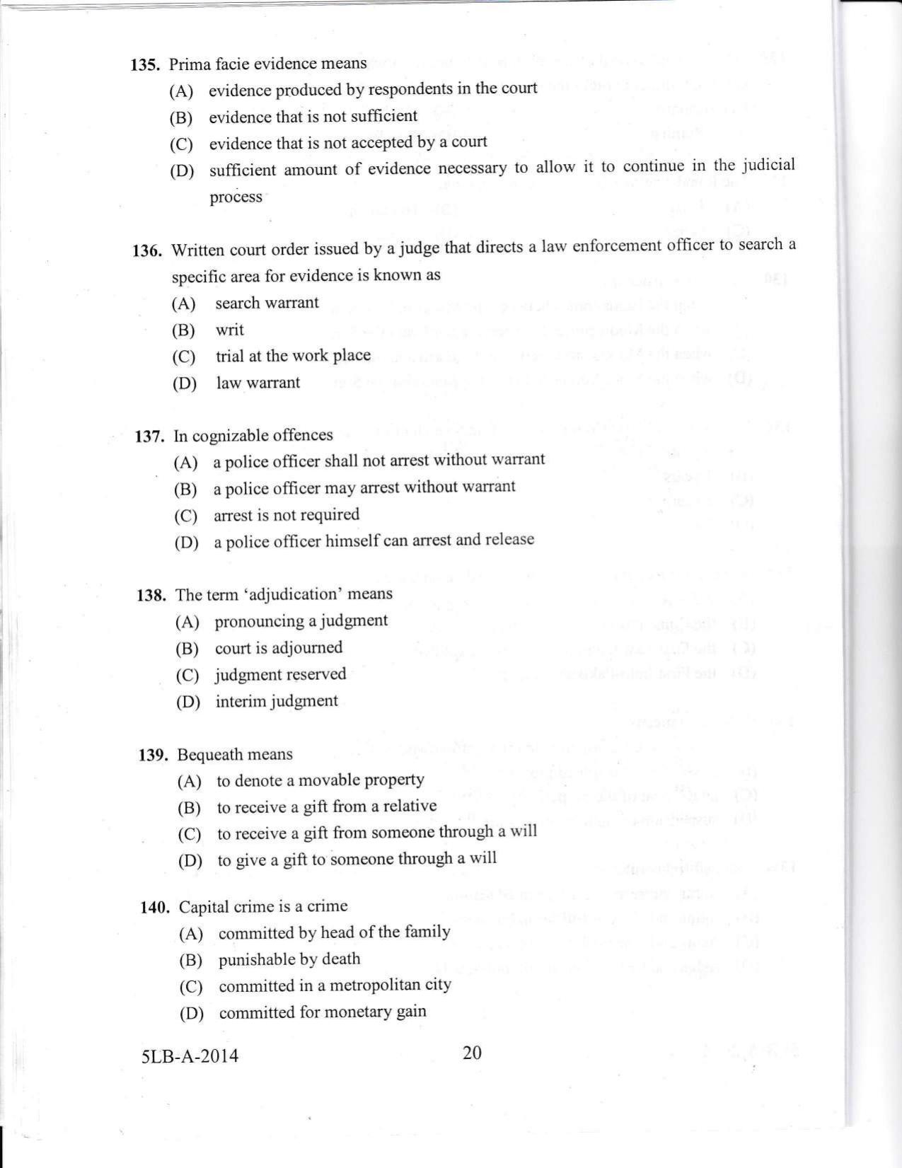 KLEE 5 Year LLB Exam 2014 Question Paper - Page 20