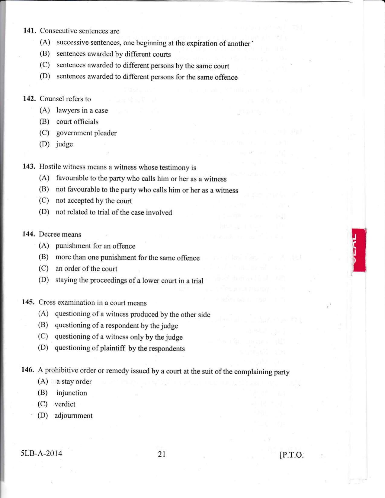 KLEE 5 Year LLB Exam 2014 Question Paper - Page 21