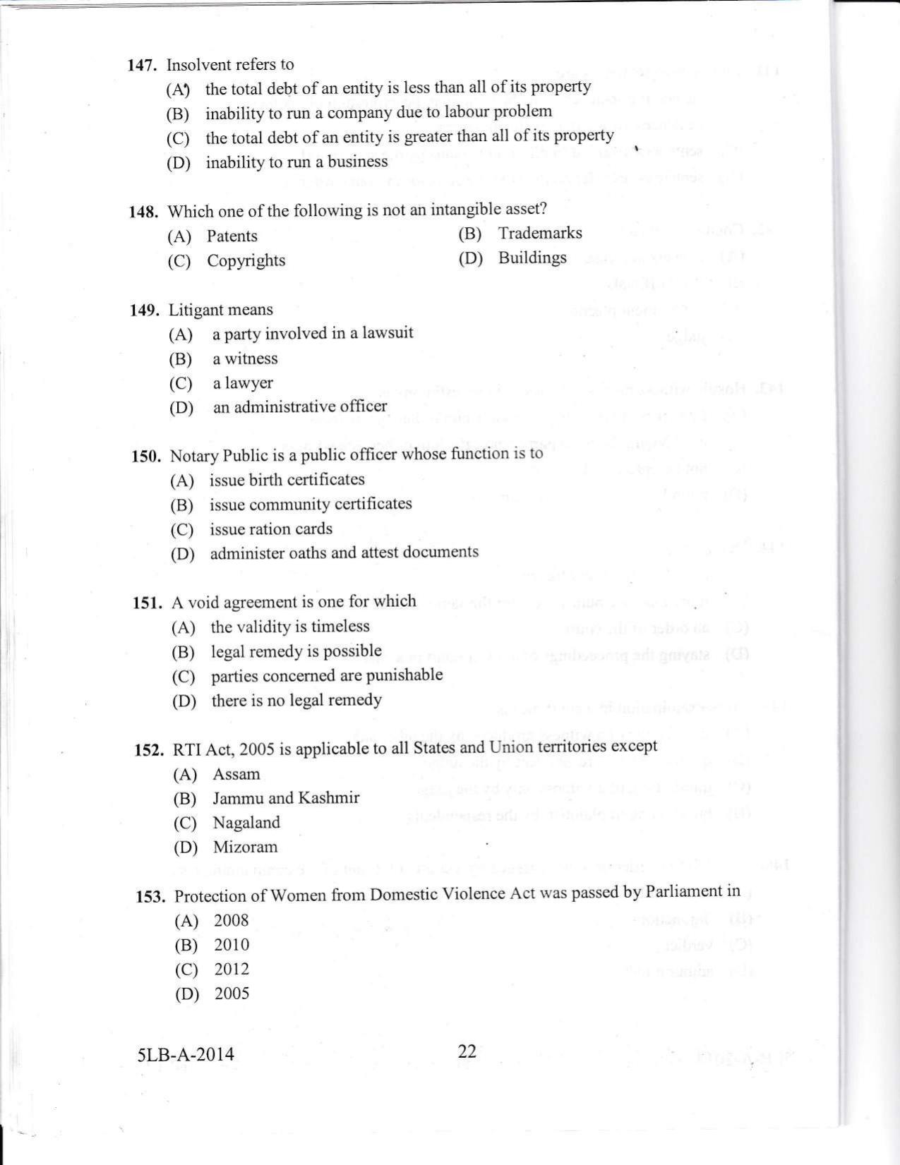 KLEE 5 Year LLB Exam 2014 Question Paper - Page 22