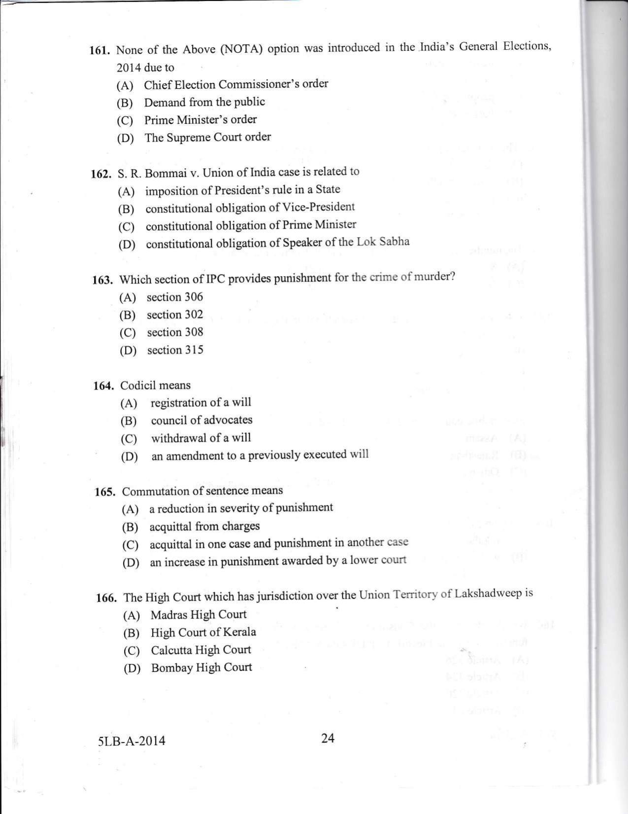 KLEE 5 Year LLB Exam 2014 Question Paper - Page 24