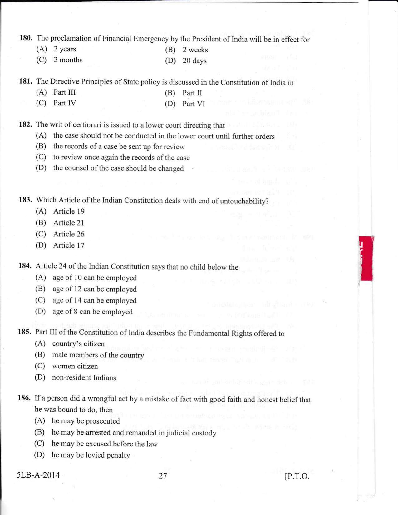 KLEE 5 Year LLB Exam 2014 Question Paper - Page 27